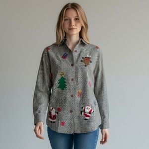 Lemon grass ladies large petite 100% cotton Christmas shirt plaid EXC COND